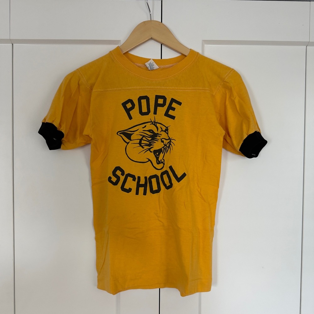 Vintage Kids L Signal Pope School Ringer Shirt Yellow Panther 100% Cotton 70s
